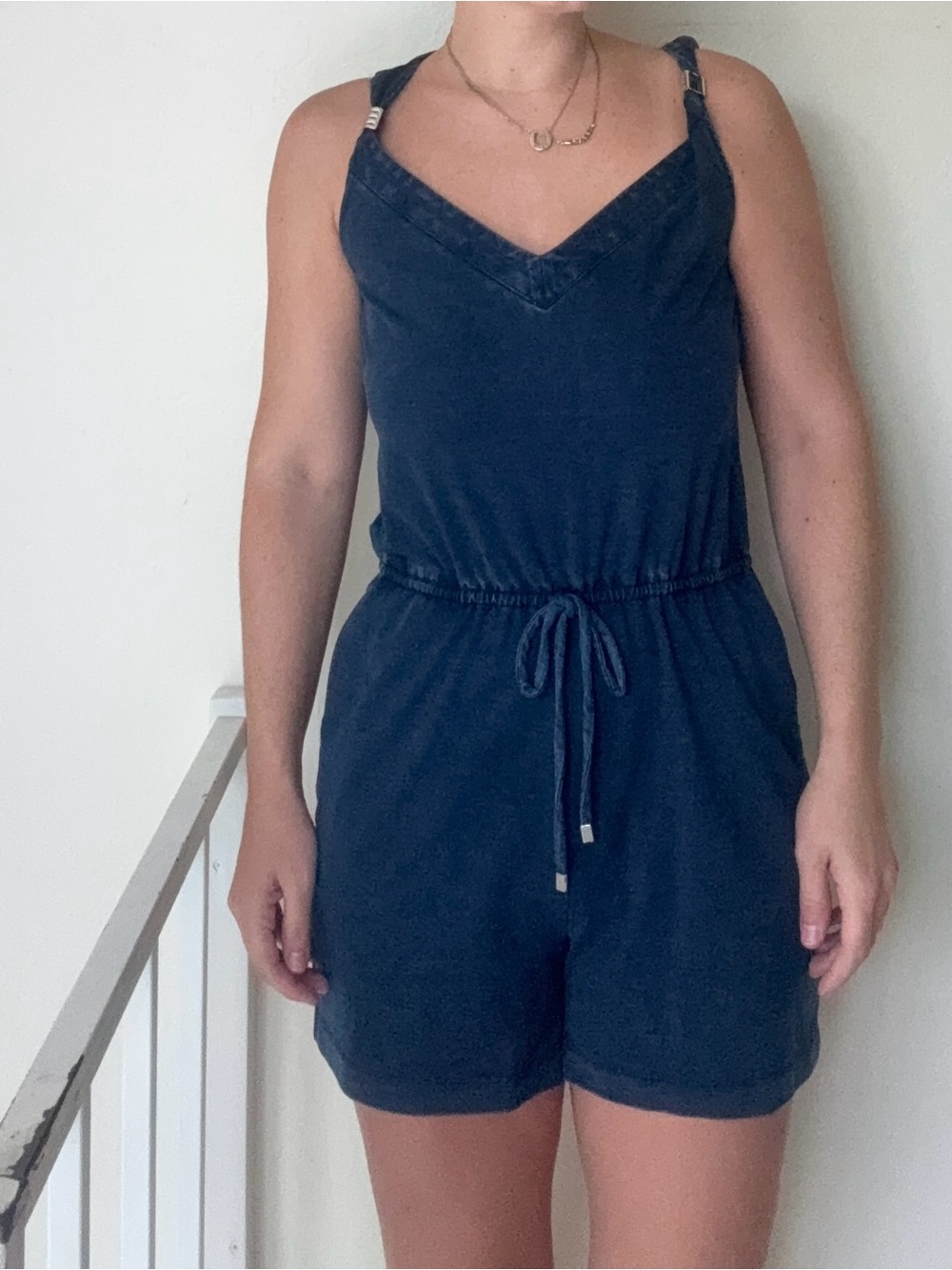 White House Black Market Navy Sleeveless Romper with Silver Accent